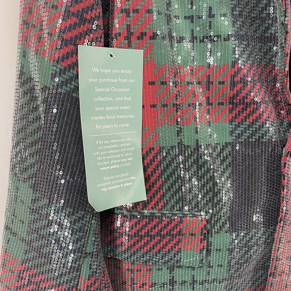 Johnny Wujek Size S Sequin Plaid Holiday Single Breasted Blazer One Button Red - Picture 5 of 11